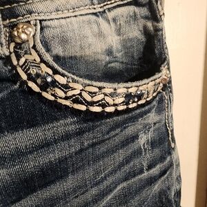 Miss Me Signature Shorts – Size 30 – Dark Wash / Braided + Rhinestone Detail